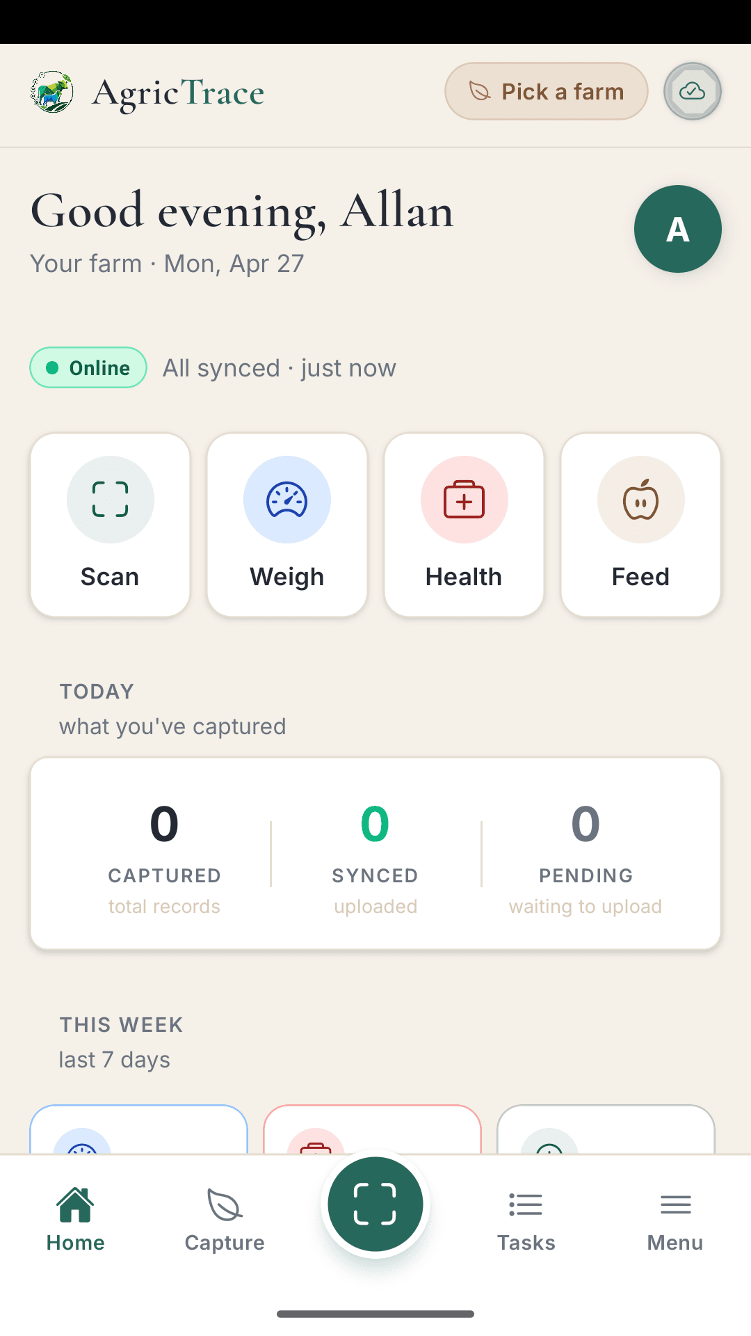 AgricTrace Field — Home screen